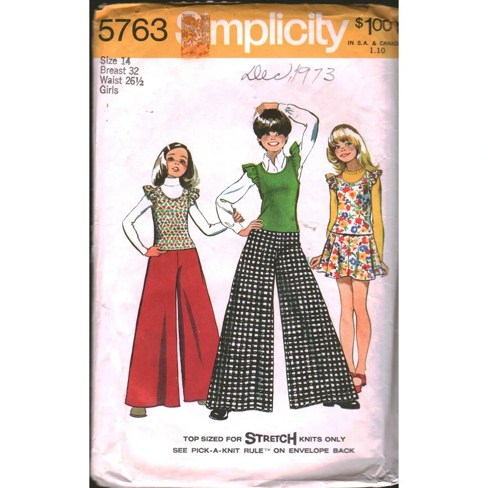 Vintage Simplicity 5763 Girl Top Skirt Wide Leg Pants Sewing Pattern Size 14 CUT